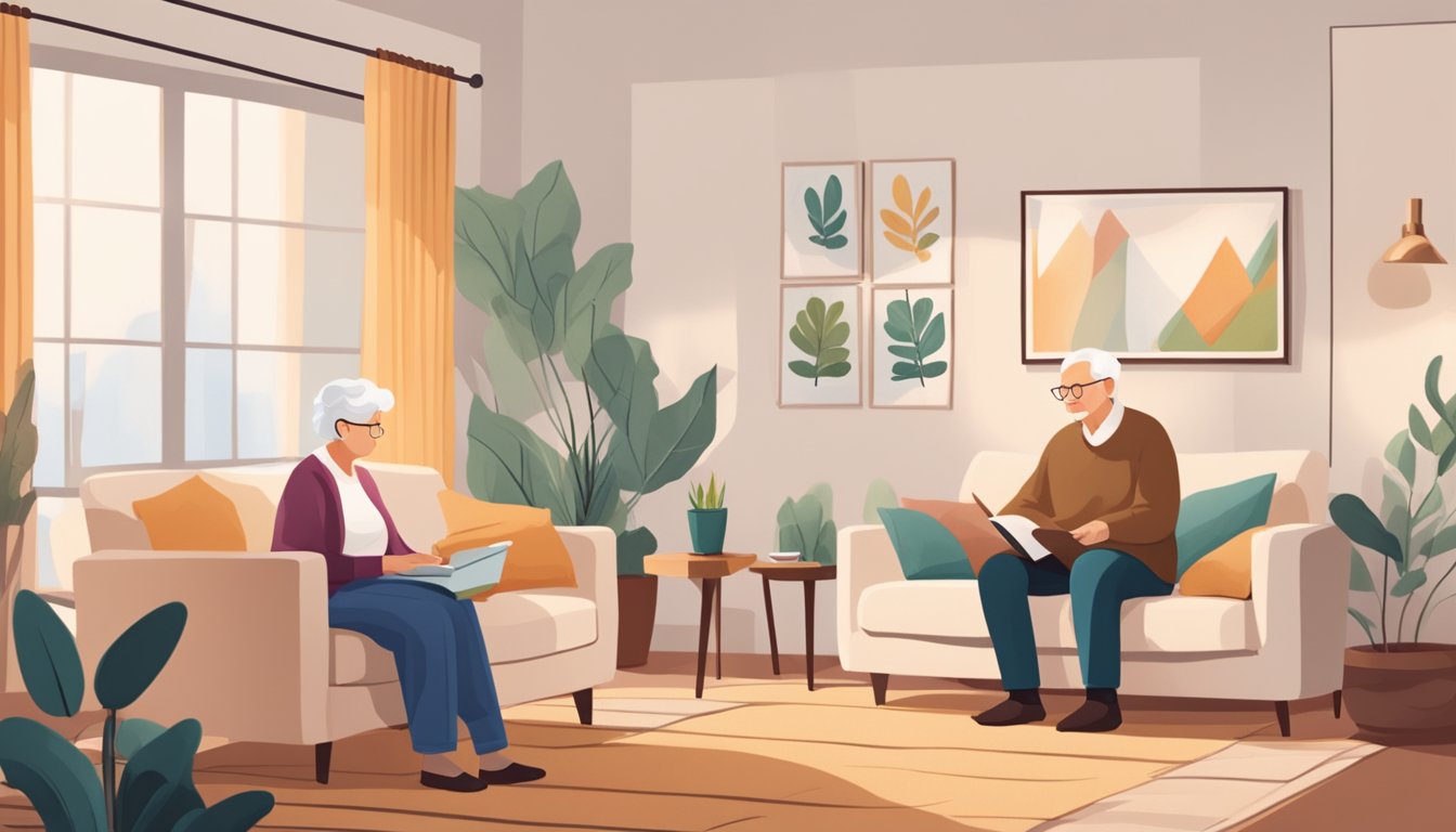 A serene elderly couple sitting in a cozy living room, discussing critical illness insurance options with a financial advisor