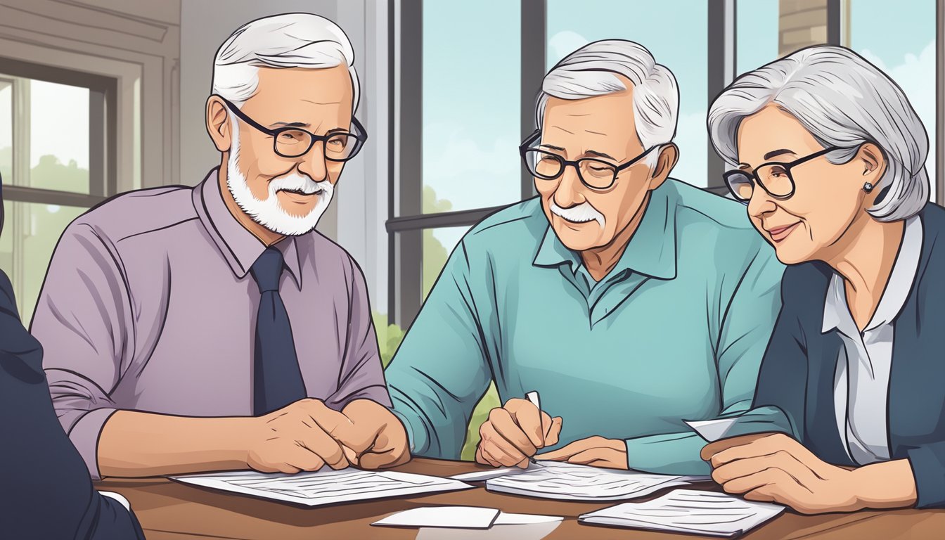 A senior couple reviewing critical illness insurance options with a financial advisor