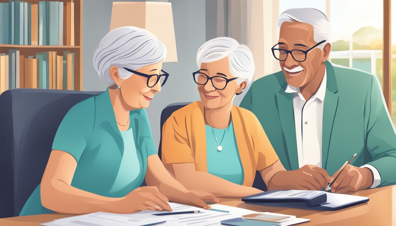 A senior couple meeting with a financial advisor to discuss critical illness insurance options. The advisor presents various resources and support available