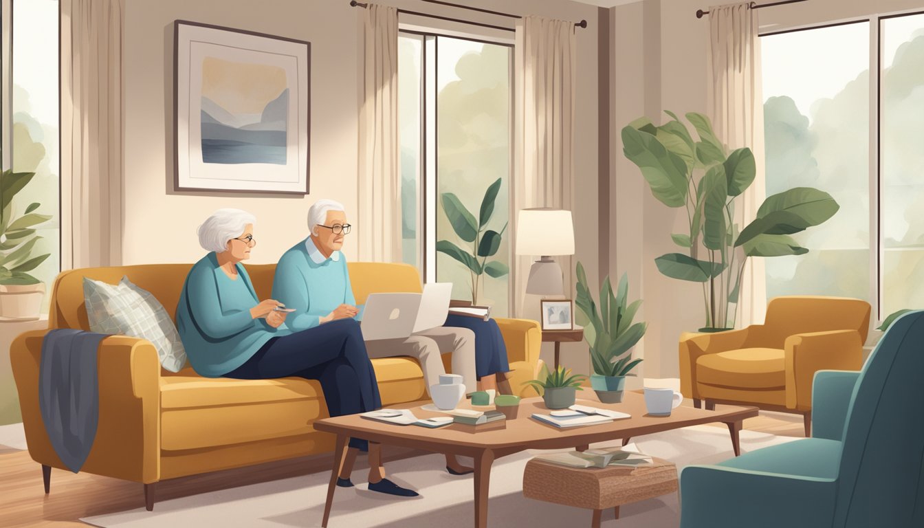 A serene elderly couple discussing financial planning while reviewing critical illness insurance options in a cozy living room setting