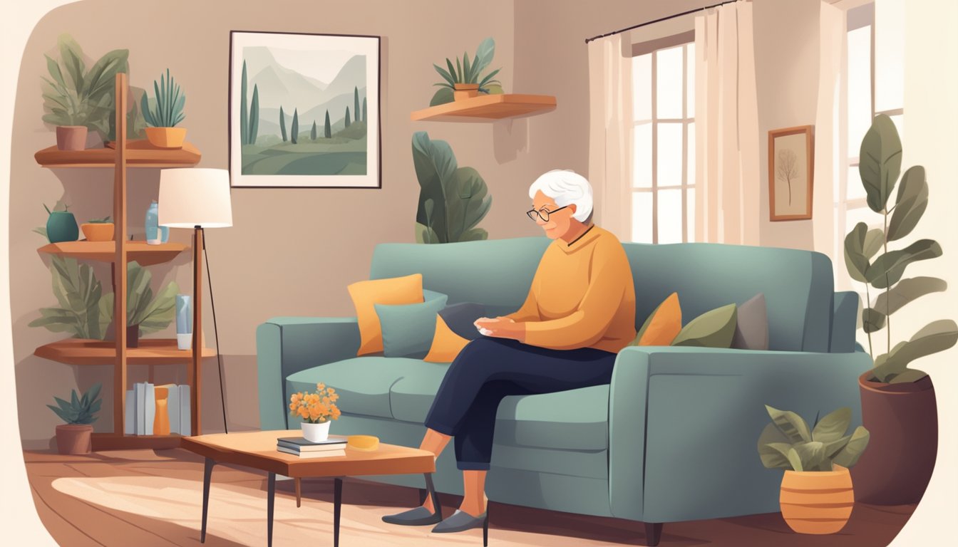 A calm elderly person sitting in a cozy living room, surrounded by family photos and comforting decor, while discussing critical illness insurance with a compassionate agent