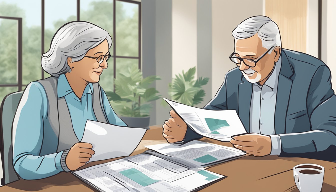 A senior couple sitting at a table with an insurance agent, discussing critical illness coverage. Brochures and informational materials are spread out on the table