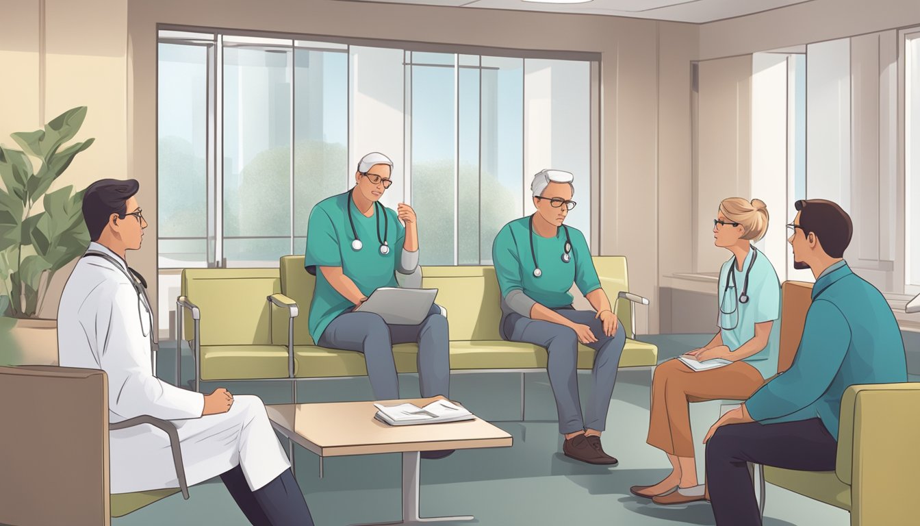 A doctor explaining critical illness insurance to a worried family in a hospital waiting room