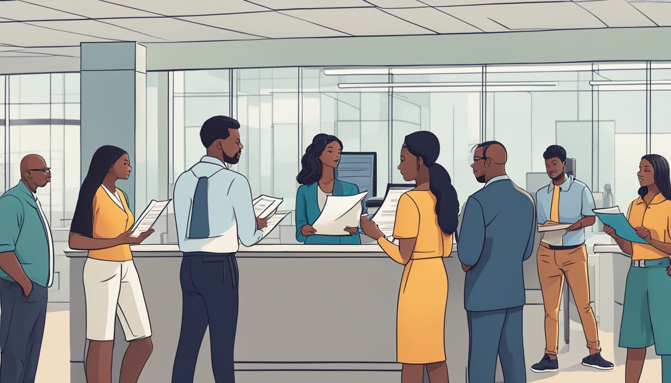 A group of diverse people standing in line, holding paperwork and talking to an insurance agent at a desk