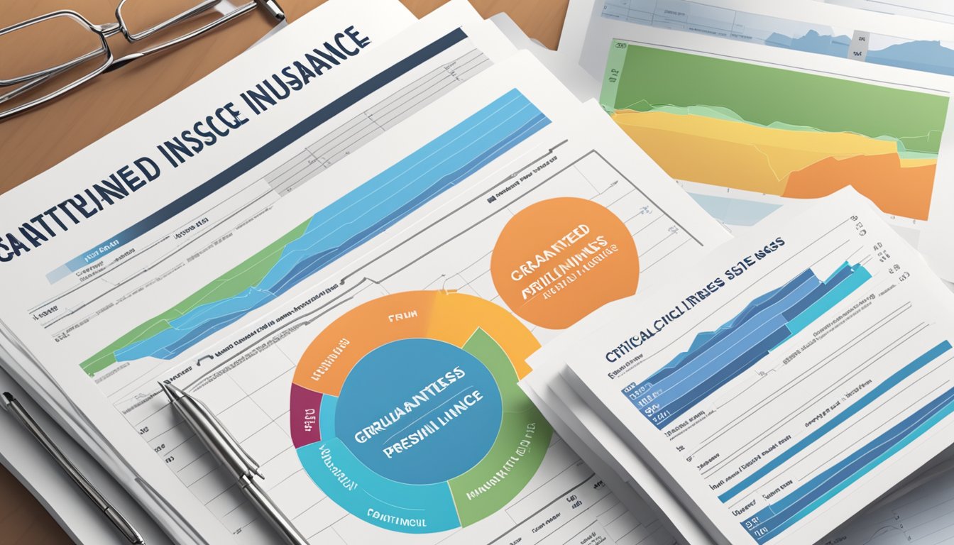 A stack of insurance policy documents with a bold headline "Guaranteed issue critical illness insurance" and a chart showing various premium costs