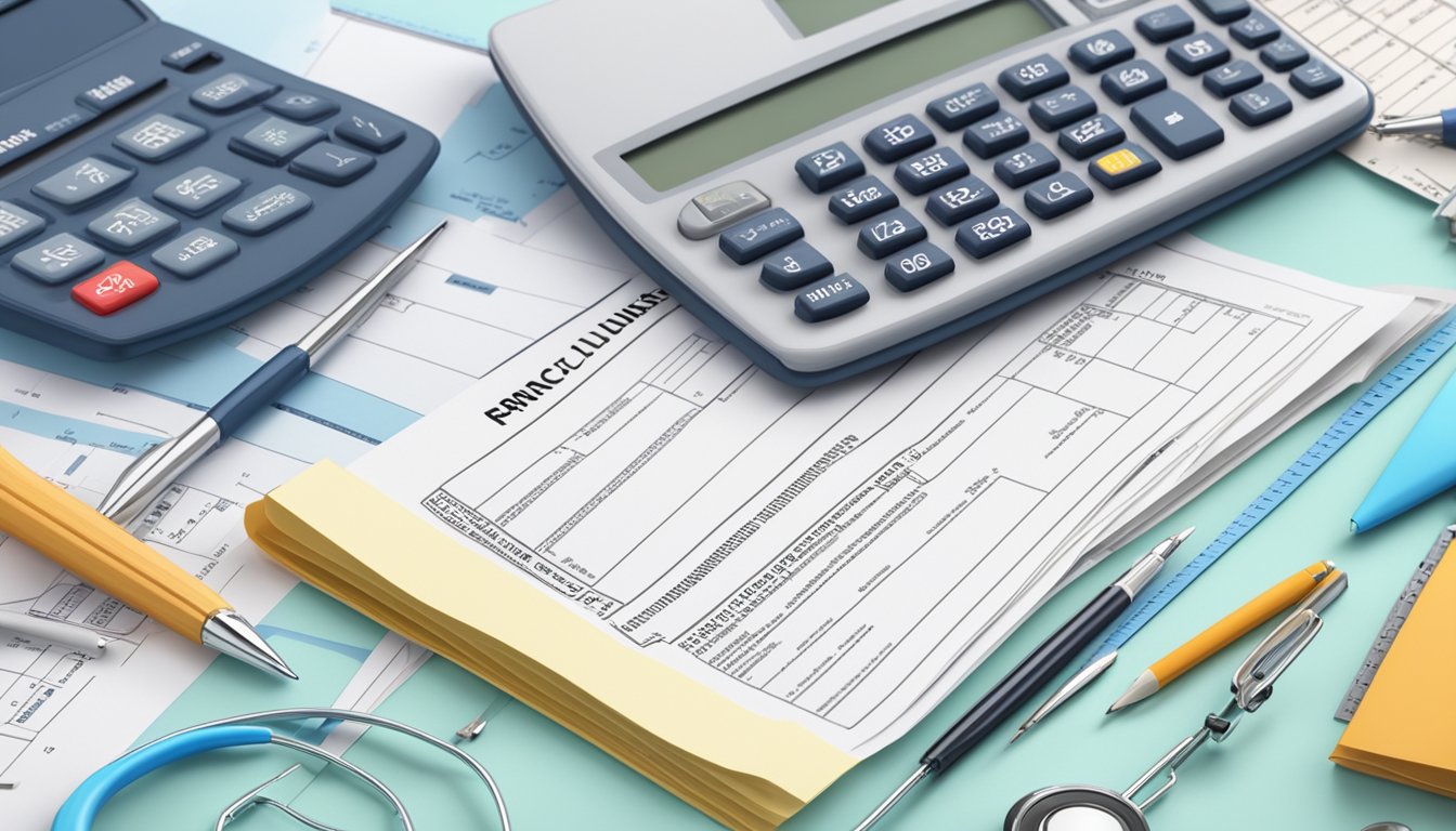 An insurance policy document surrounded by a variety of medical equipment and a calculator, with a stack of bills in the background