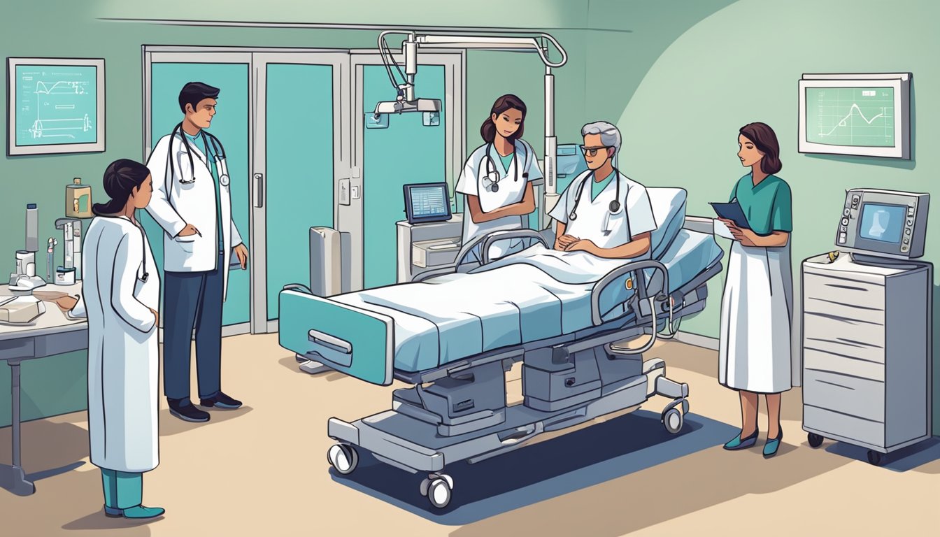 A hospital bed with a heart monitor and IV stand, surrounded by concerned family members and a doctor discussing insurance options