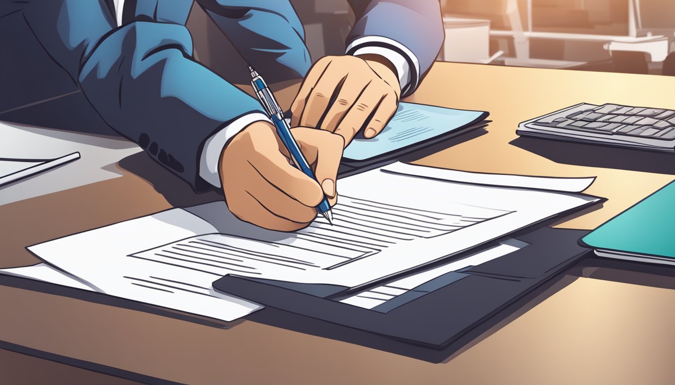 A person holding a pen and signing an insurance policy document at a desk in an office