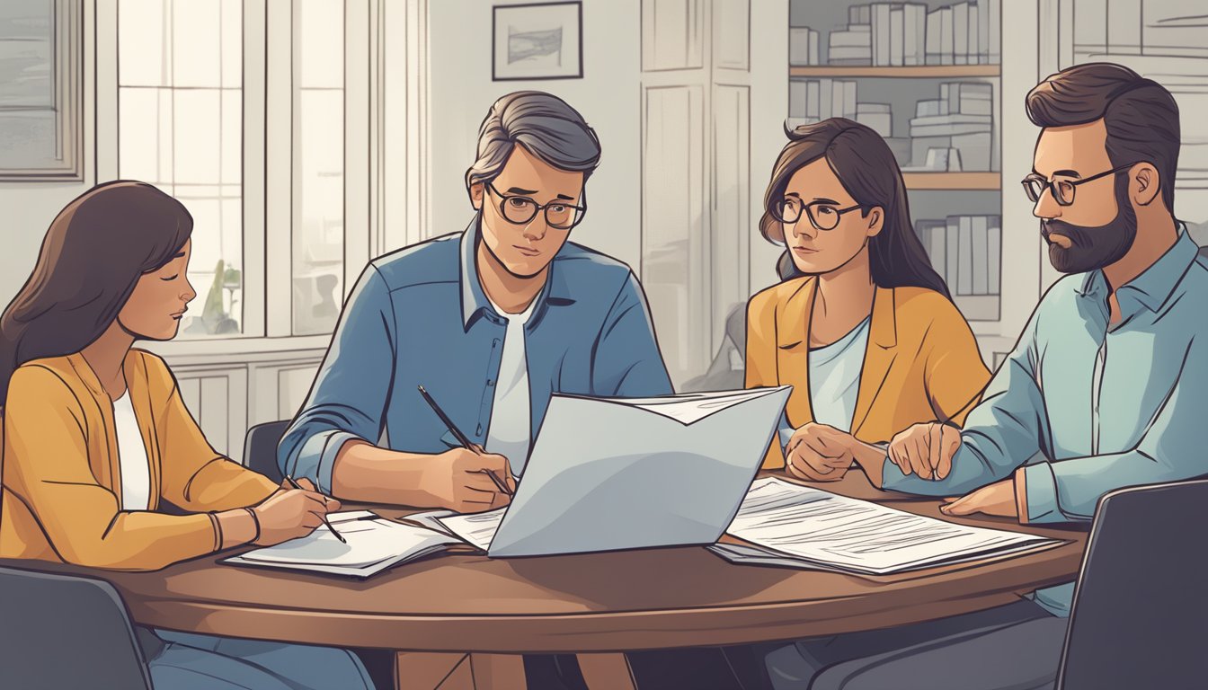 A family sits at a table, reviewing critical illness insurance documents. A concerned expression on their faces as they discuss financial aspects