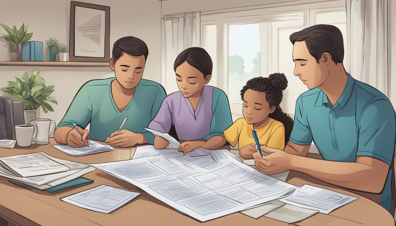 A family sits around a table, reviewing medical bills and insurance policies. A document with "Critical Illness Coverage" is prominently displayed