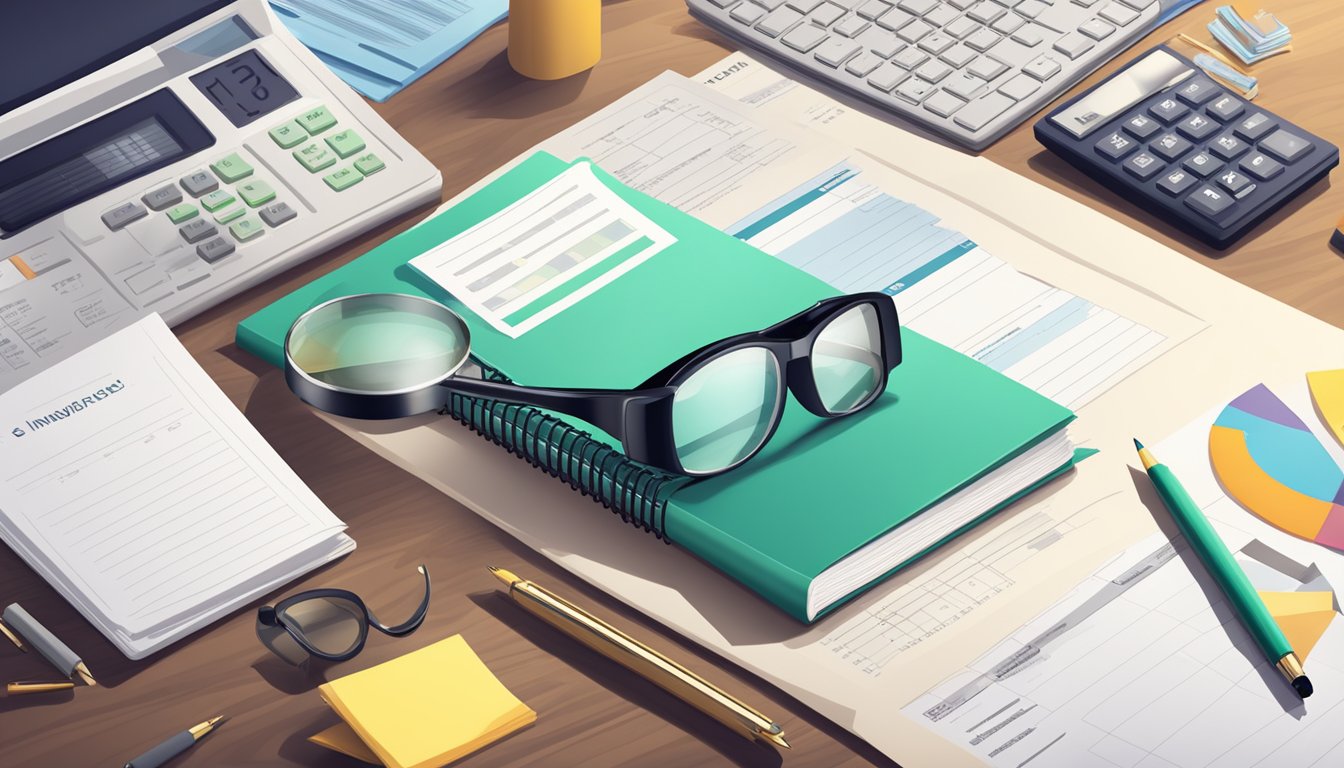 A stack of insurance policy documents with a magnifying glass and a calculator on a desk