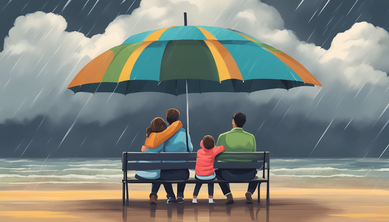 A family huddled together under a protective umbrella as storm clouds gather, symbolizing the need for critical illness insurance