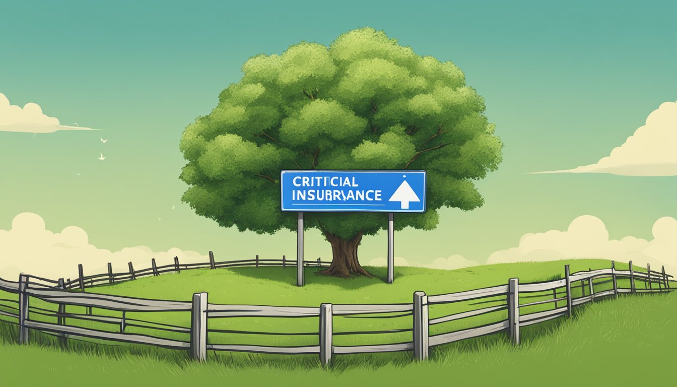 A solitary tree stands on a grassy hill, surrounded by a fence with a "Critical Illness Insurance Standalone" sign