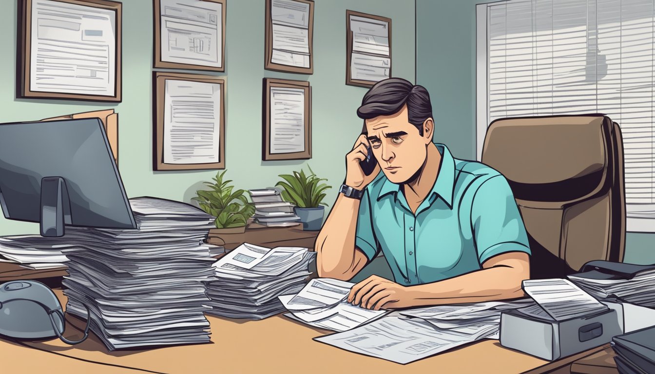 A worried spouse sitting at a desk, surrounded by medical bills and insurance paperwork. A phone off the hook and a concerned expression