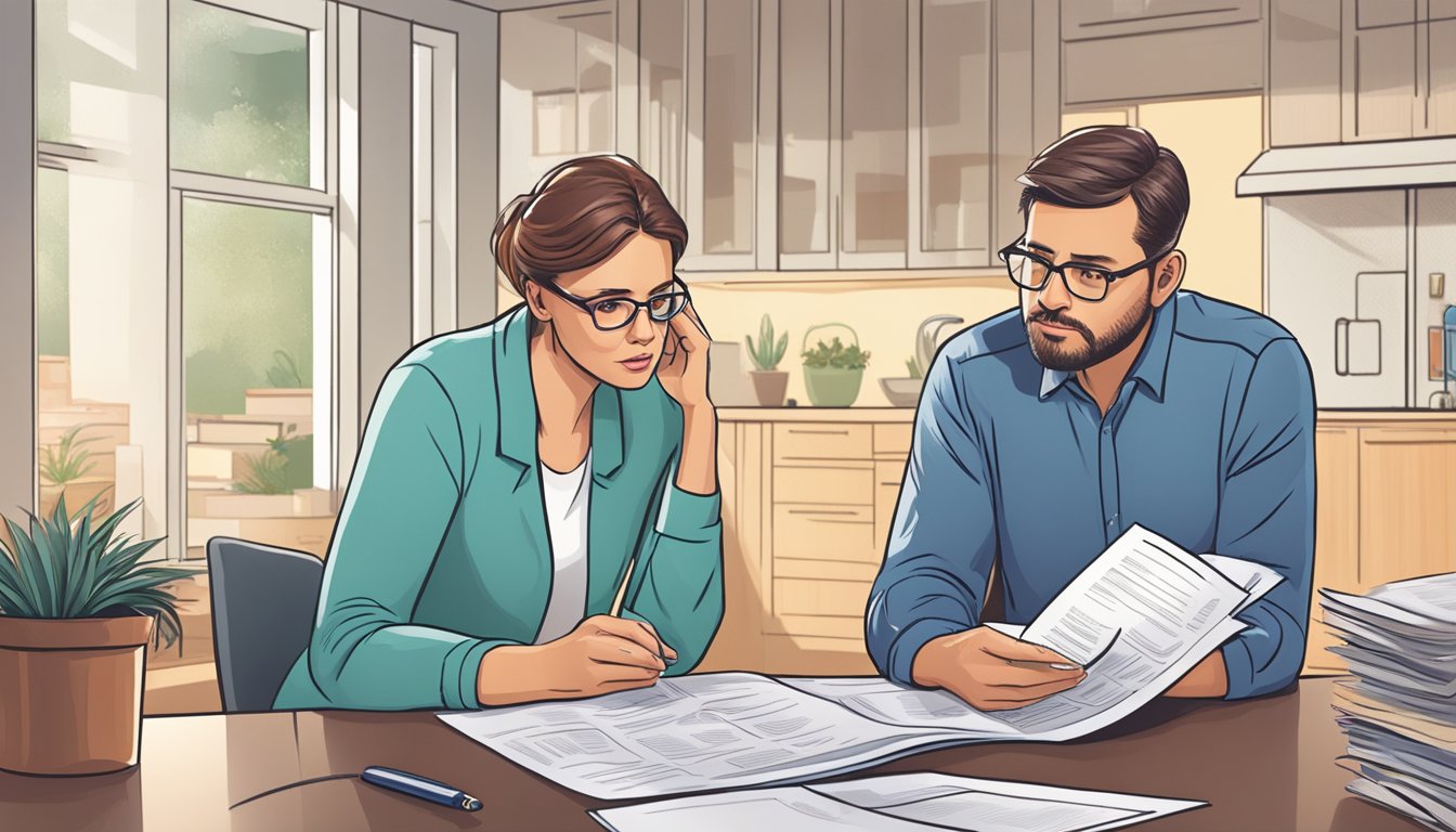 A worried spouse looks through a brochure, while a concerned insurance agent explains critical illness coverage options