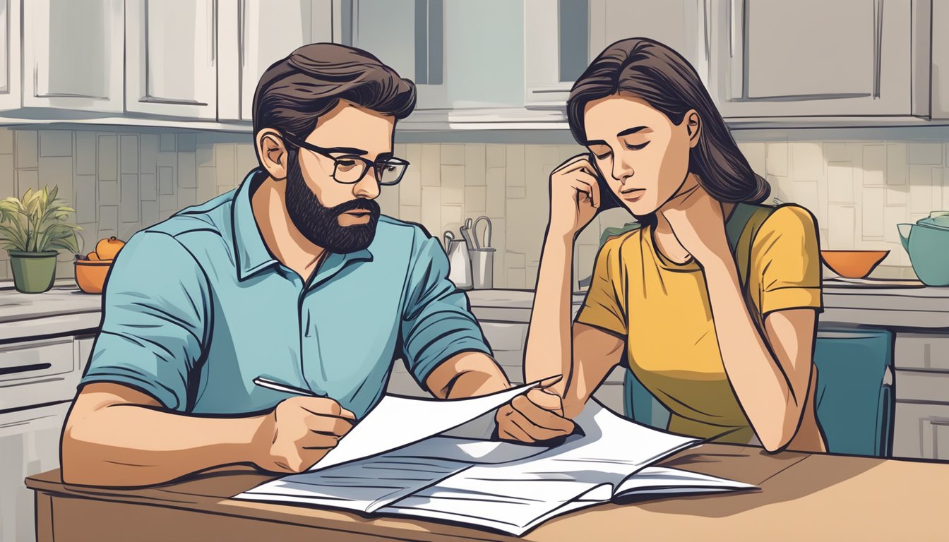 A worried couple sitting at a kitchen table, reviewing paperwork with a concerned expression. A brochure for critical illness insurance lies open in front of them