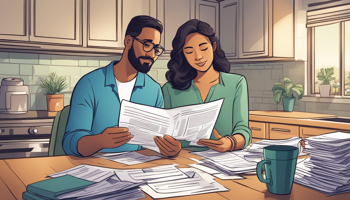 A couple reviewing financial documents at a kitchen table, with a stack of medical bills and a pamphlet for spouse critical illness insurance