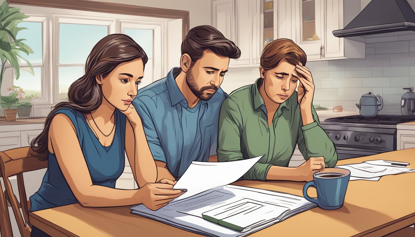 A worried couple sitting at a kitchen table, reviewing paperwork with a concerned expression