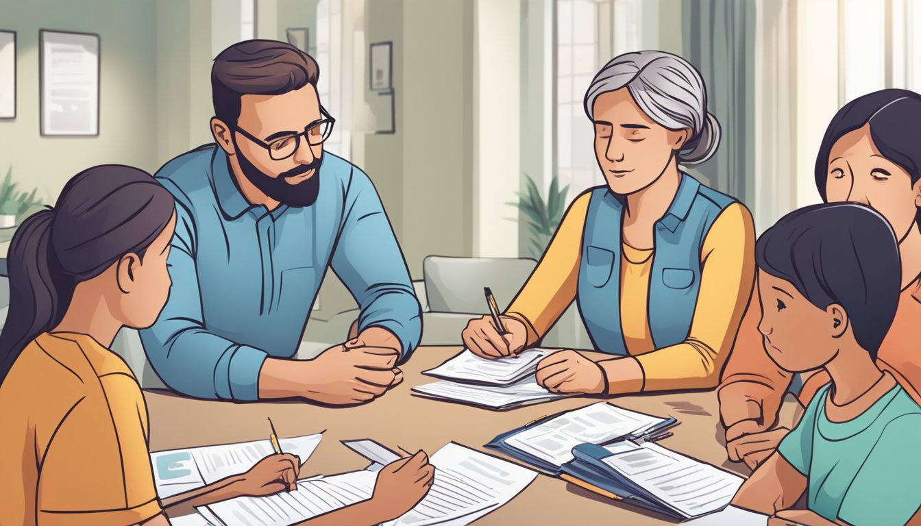 A family gathered around a table, discussing critical illness insurance for parents. Documents and brochures spread out, with concerned expressions