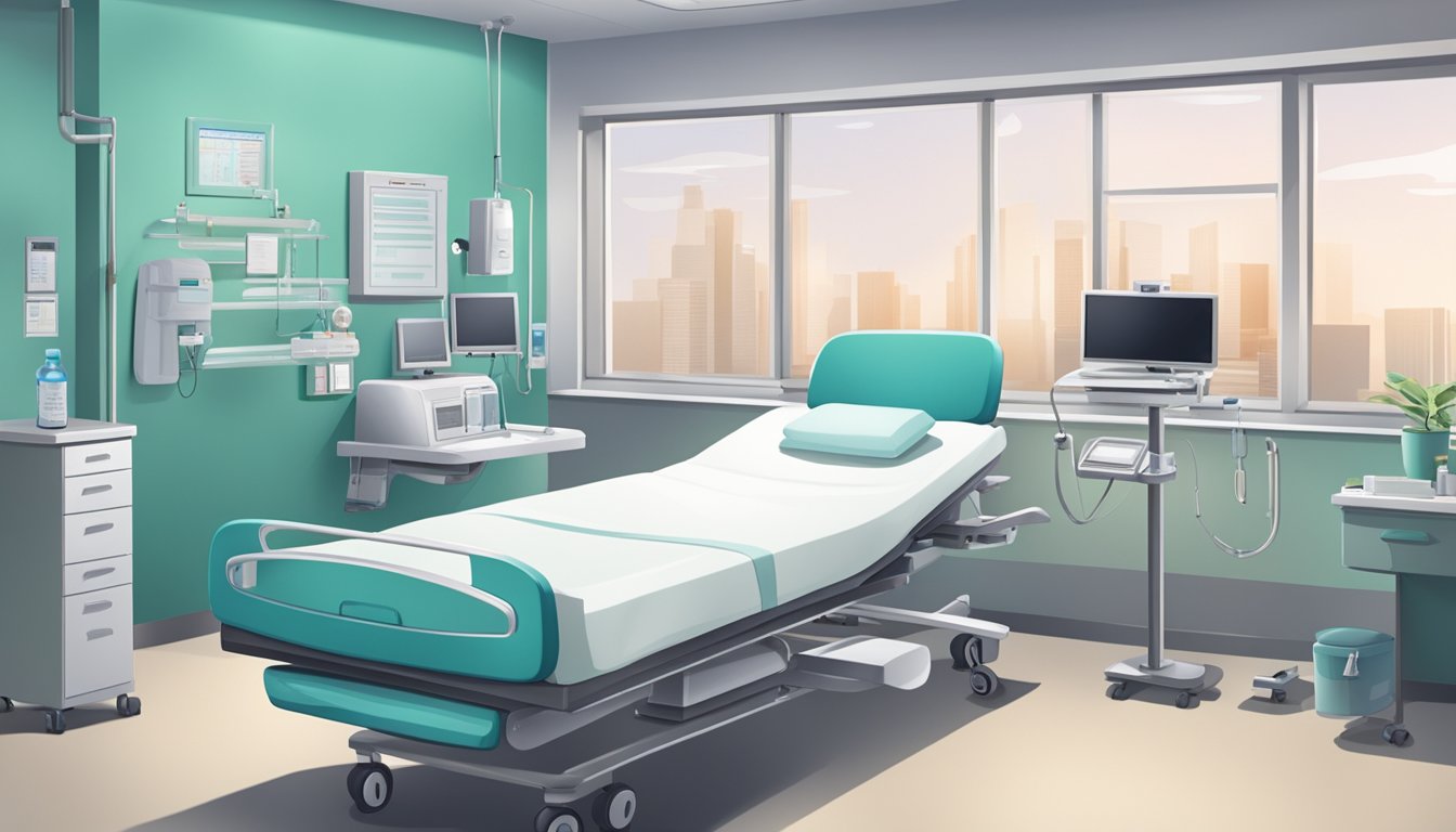 A hospital room with a bed, medical equipment, and a doctor discussing policy details with a patient