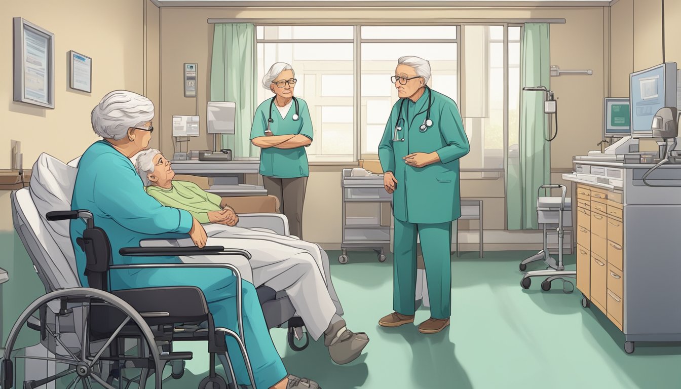 A worried family member sits beside an elderly person in a hospital room, surrounded by medical equipment and a doctor discussing critical illness insurance