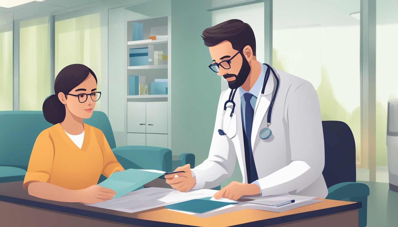 A doctor reviewing medical records and discussing eligibility for critical illness insurance with a patient