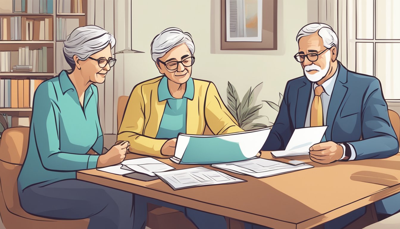 A senior couple reviewing critical illness insurance options with a financial advisor