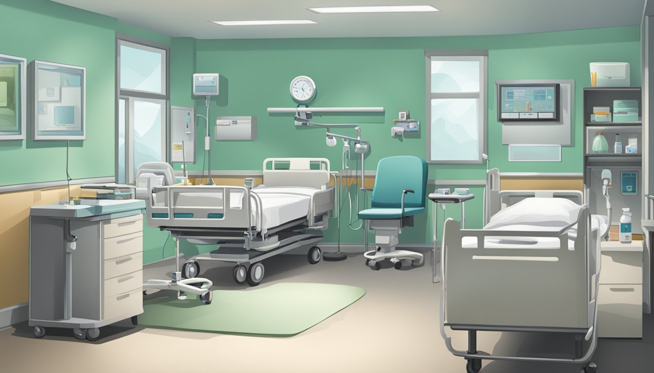 A hospital room with medical equipment, a bed, and a concerned family member