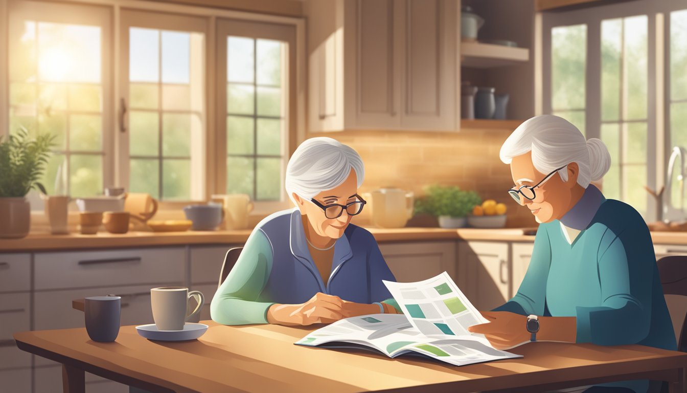 A senior couple reviewing critical illness insurance brochures at a cozy kitchen table, with sunlight streaming in through the window