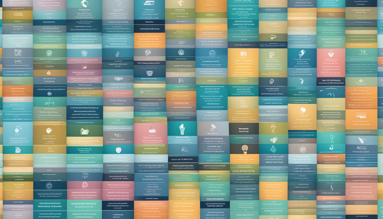 A stack of 36 different critical illness insurance policies arranged in a neat grid, each with its own distinct color and design