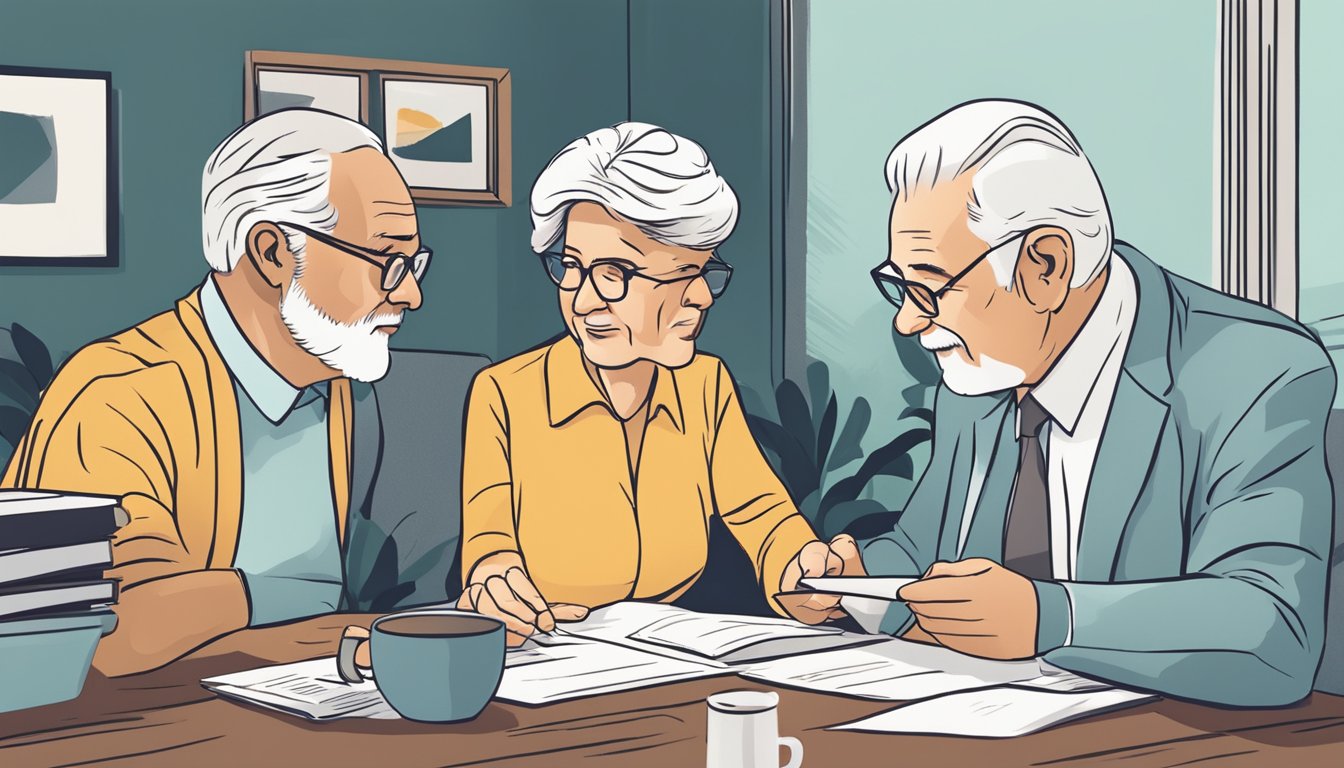 A senior couple reviewing critical illness insurance options with a financial advisor