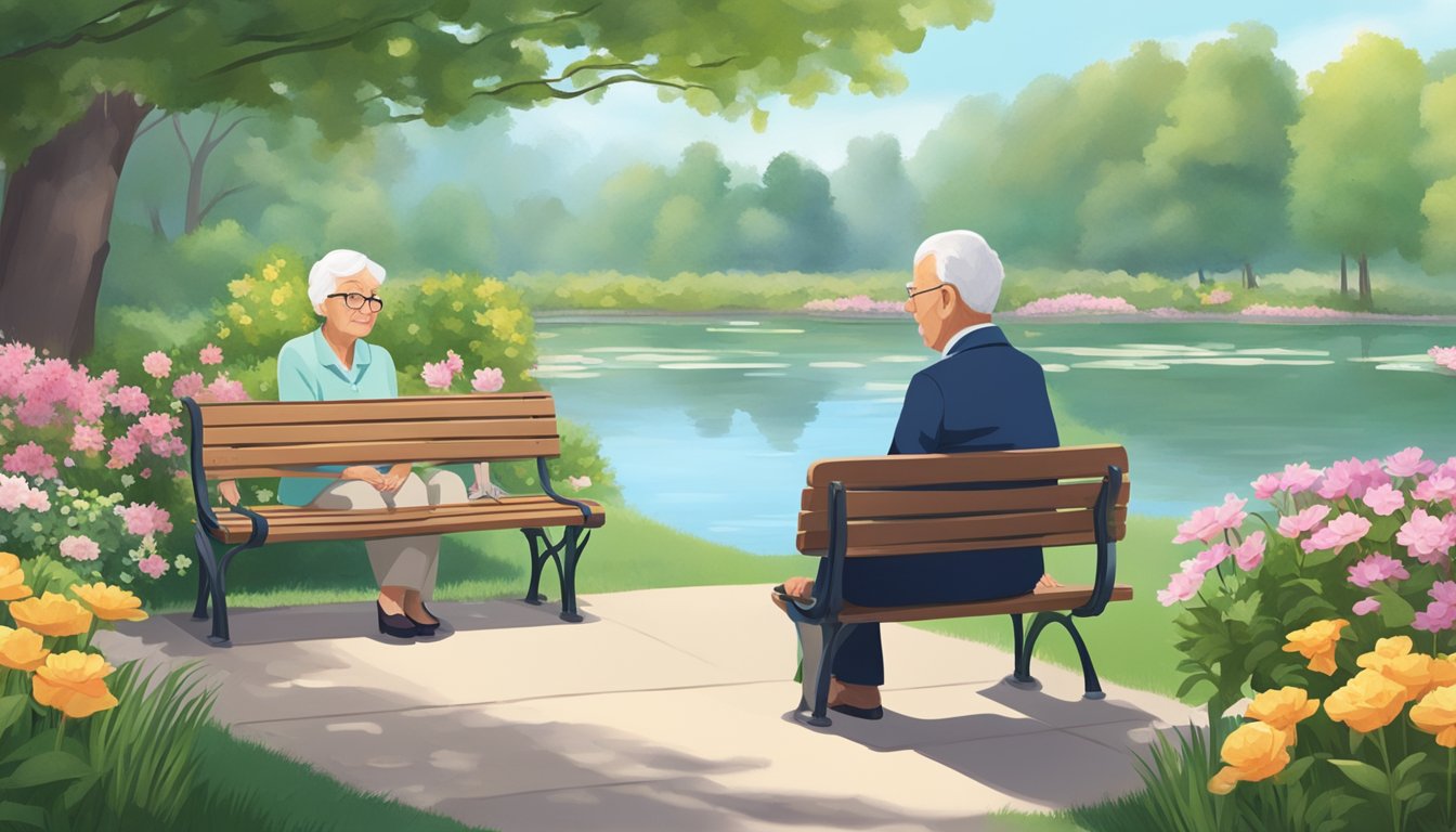 A peaceful elderly couple sitting on a park bench, surrounded by blooming flowers and a serene pond, while a caring insurance agent explains critical illness coverage