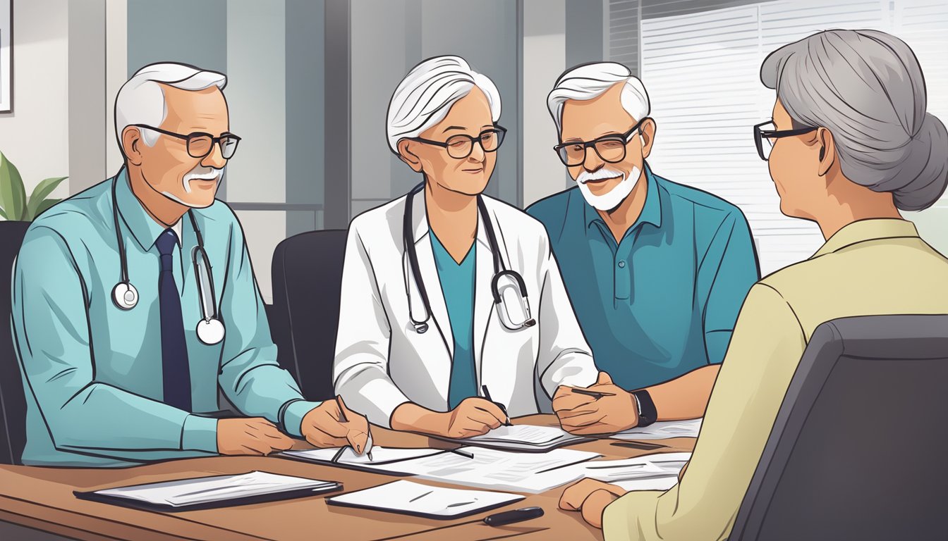 A senior couple reviewing critical illness insurance options with a healthcare professional in a modern office setting