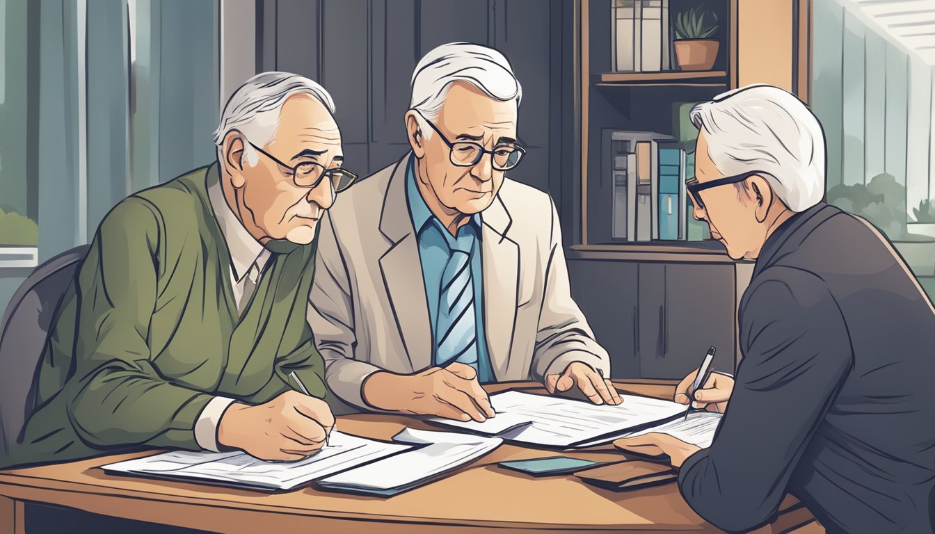 A worried elderly individual reviewing critical illness insurance options with a financial advisor