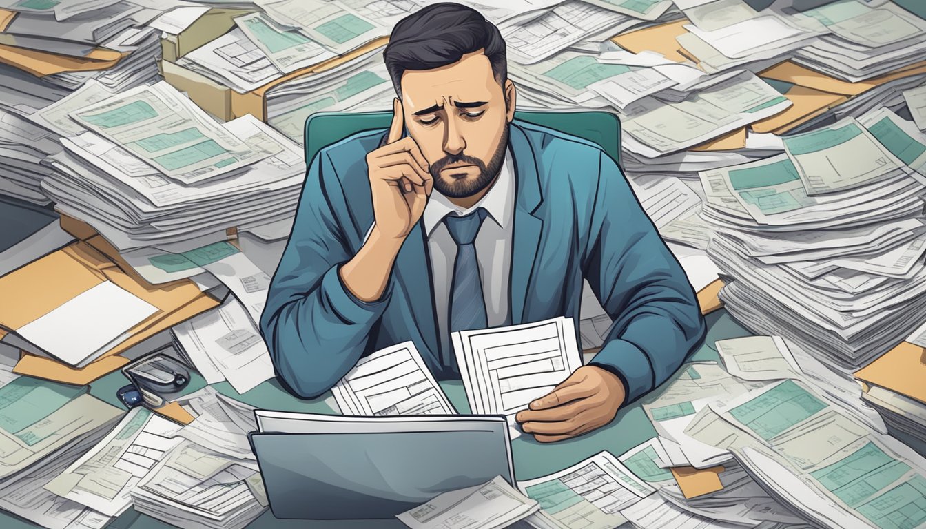 A worried individual surrounded by medical bills and financial documents