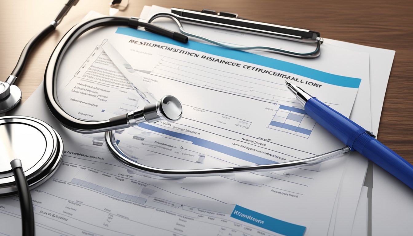 A stethoscope and medical chart on a desk, with a pen and insurance policy form