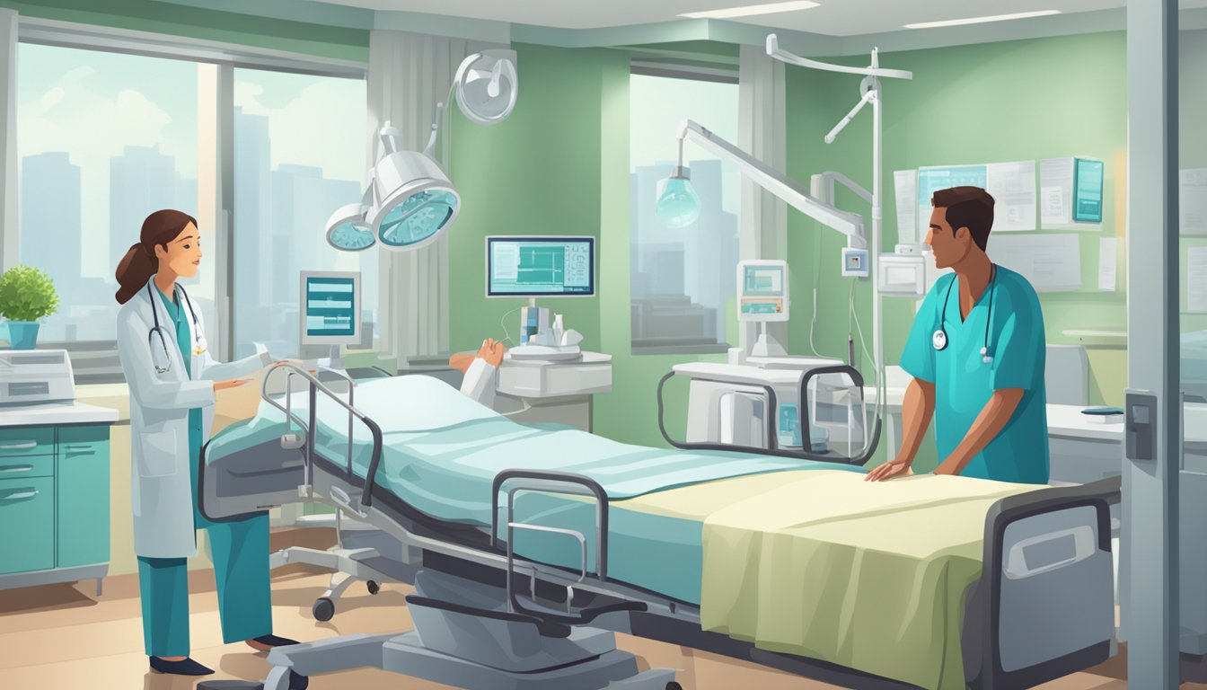 A hospital room with medical equipment, a concerned family member, and a doctor discussing accelerated critical illness insurance