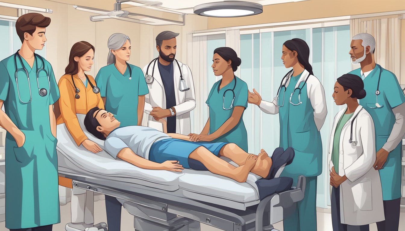 A person receiving medical treatment for a critical illness, surrounded by concerned family members and medical professionals