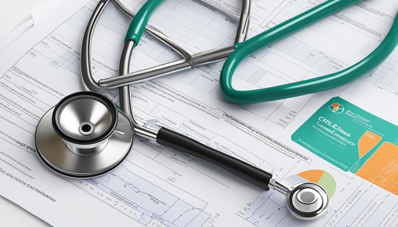 A stethoscope and medical chart next to a policy document with a critical illness insurance logo