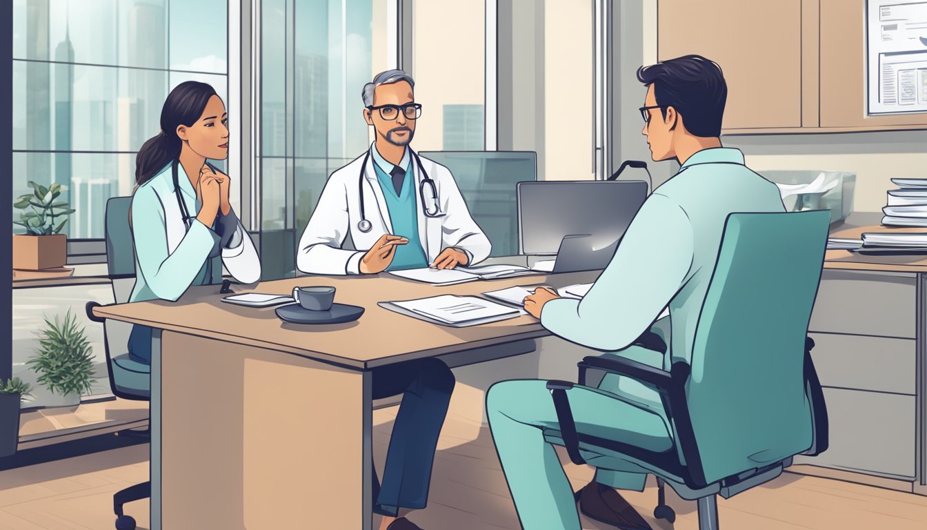 A doctor and patient discussing critical illness insurance options in a modern office setting with medical equipment and paperwork on the desk