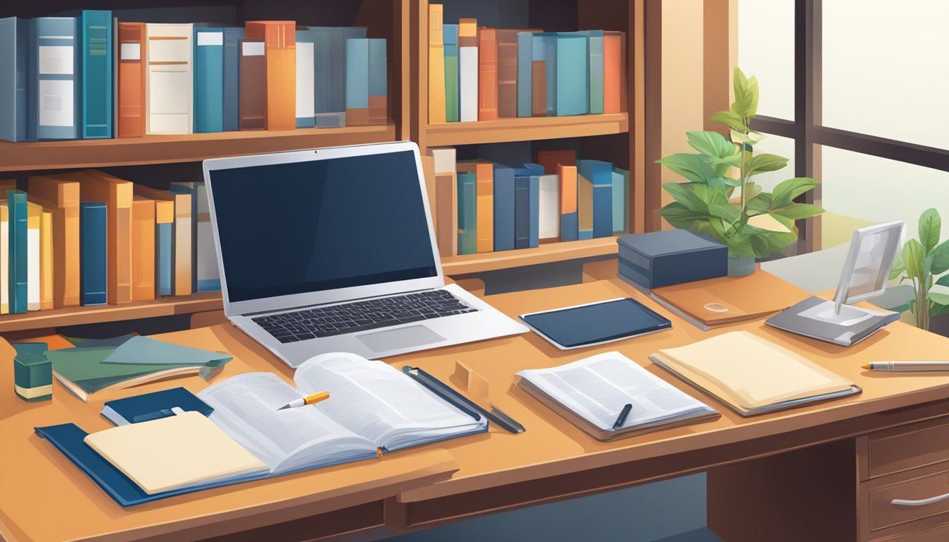 A desk with a laptop, pen, and paper. A bookshelf with legal and insurance books. A document with a checklist and a magnifying glass