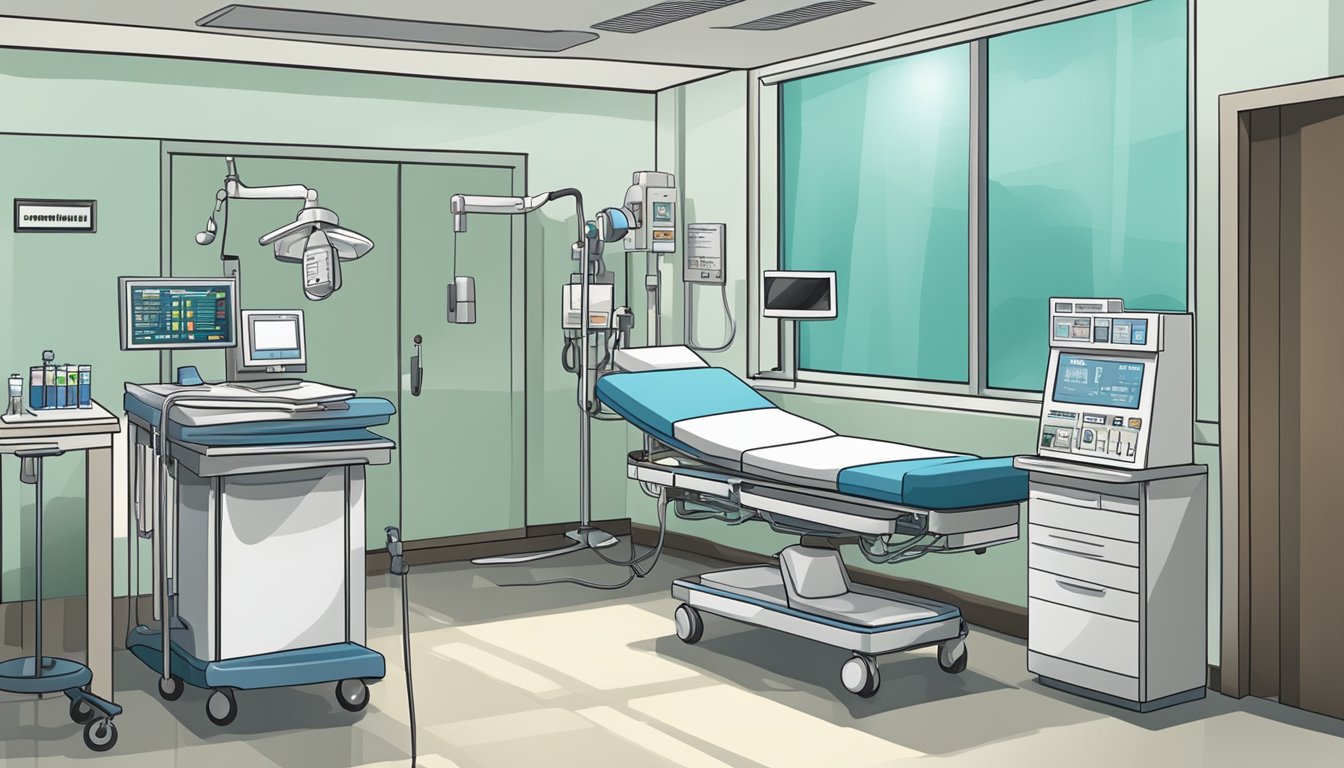 A hospital room with medical equipment and a chart listing covered critical illnesses