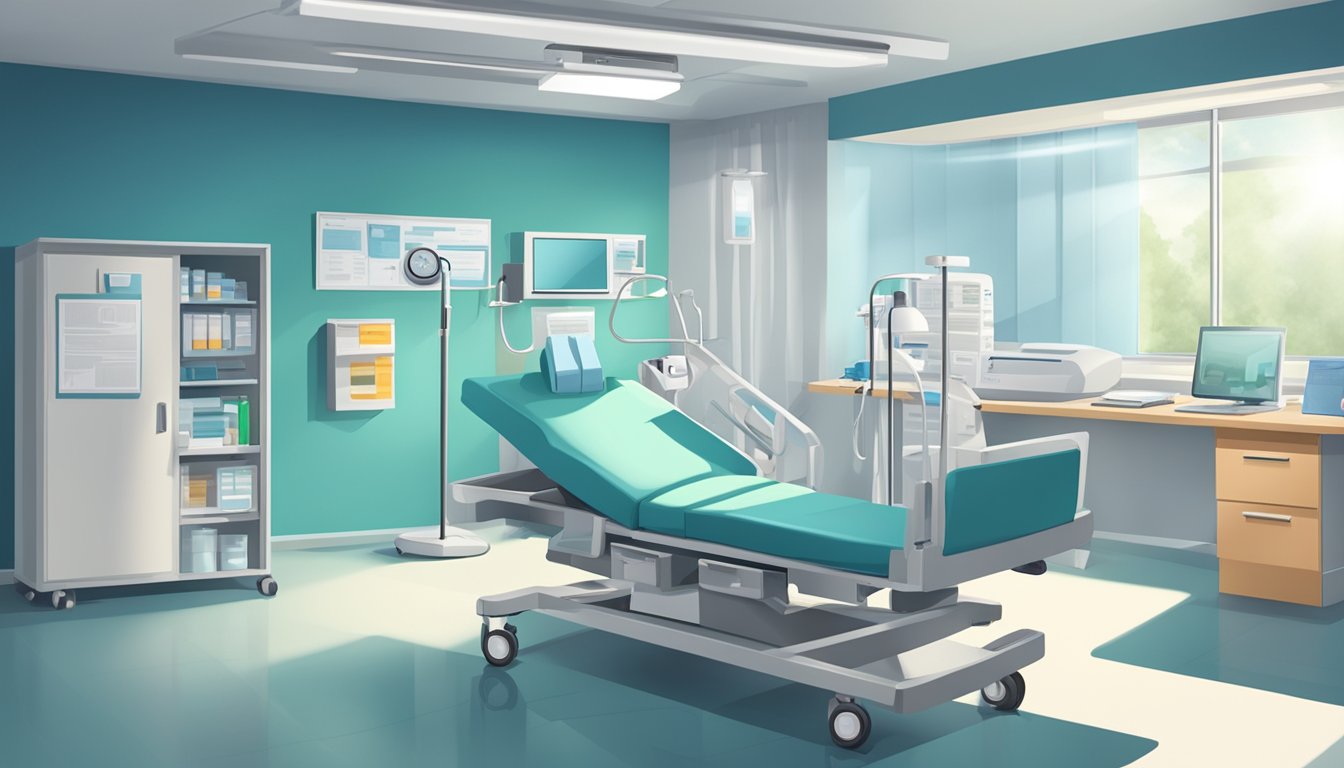 A hospital room with medical equipment and a critical illness policy document on a table