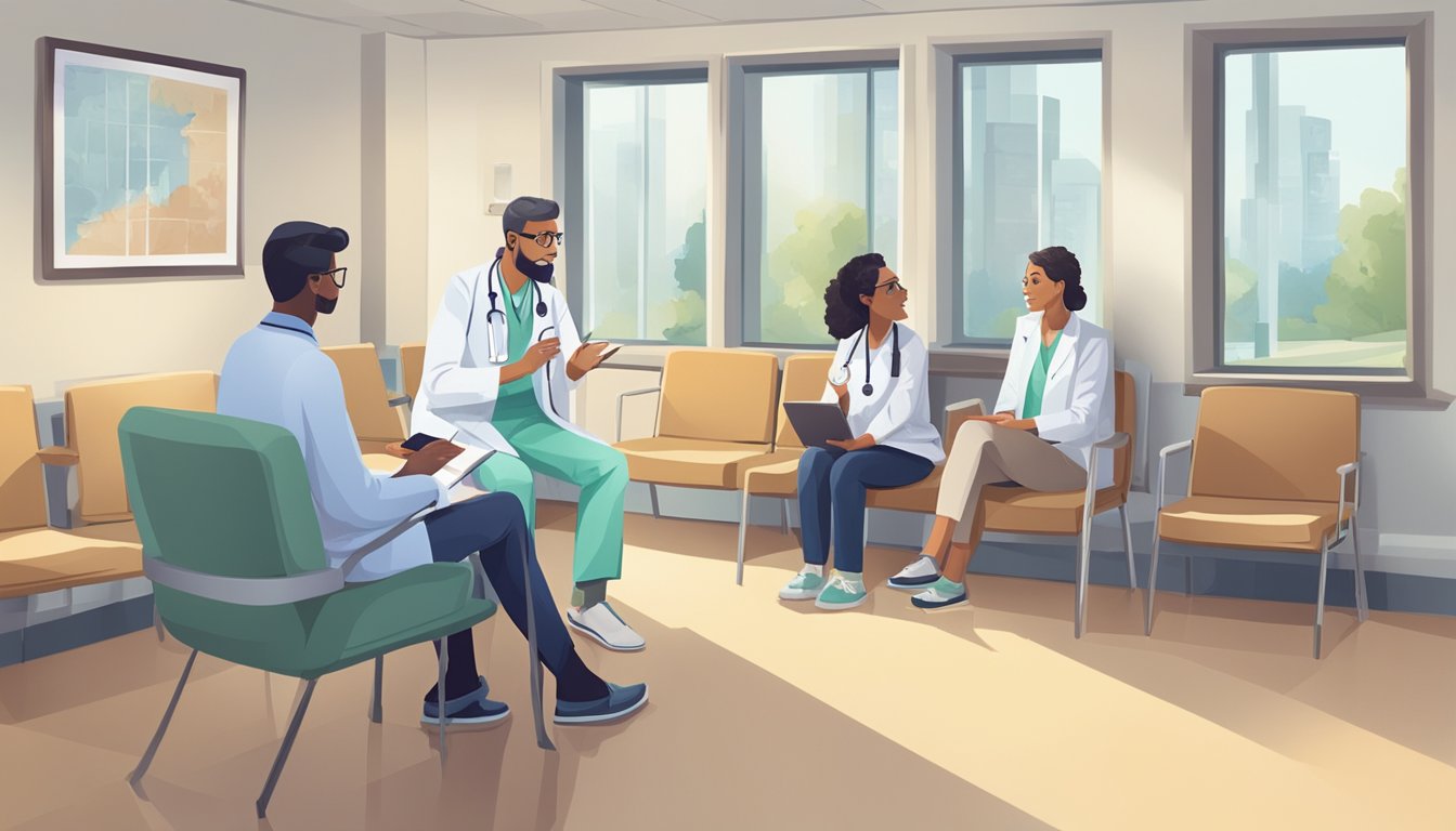 A doctor explaining critical illness insurance options to a family in a hospital waiting room