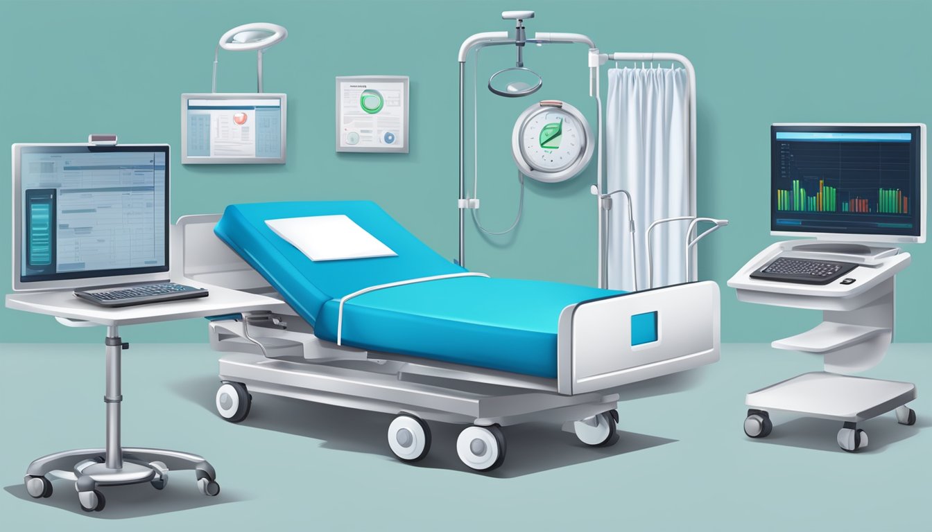 A hospital bed with a clipboard, stethoscope, and medical equipment