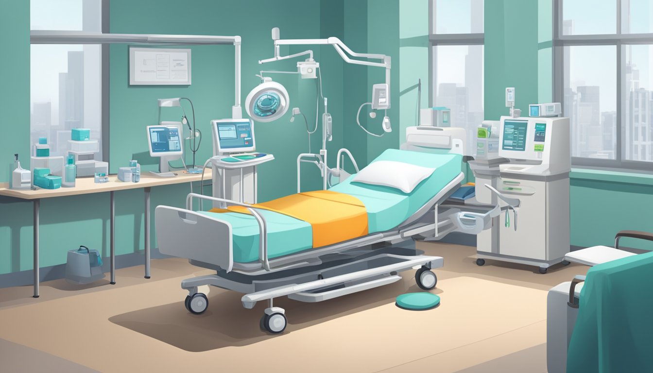 A hospital room with a bed, medical equipment, and a doctor discussing critical illness insurance with a patient