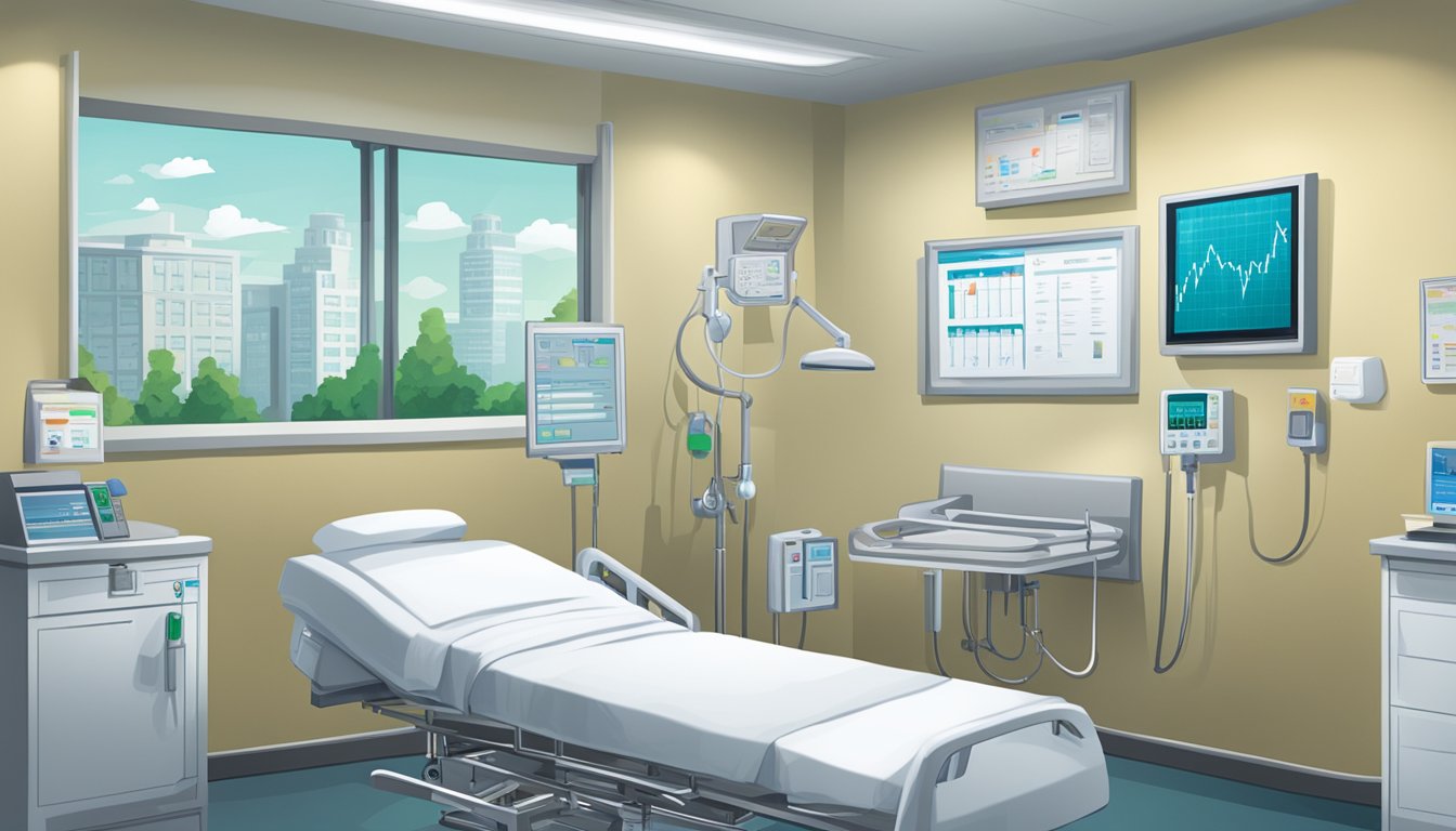 A hospital room with a bed, medical equipment, and a chart showing "100k critical illness cover" on the wall