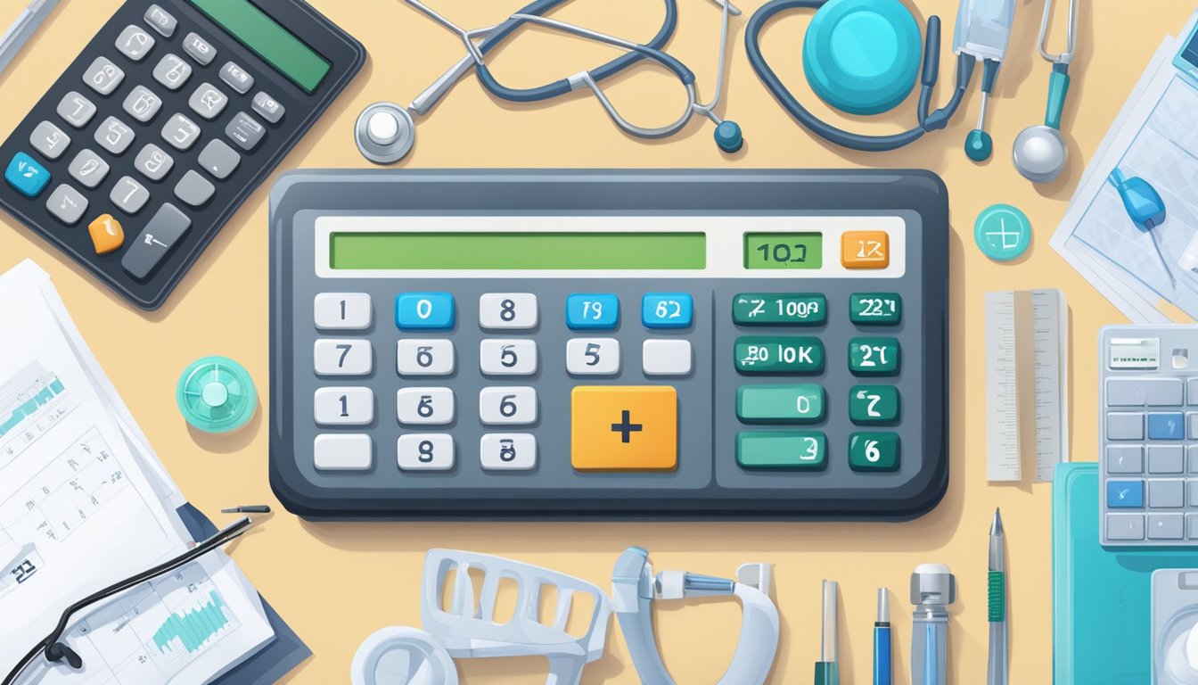 A calculator with the number 100k displayed, surrounded by medical equipment and paperwork