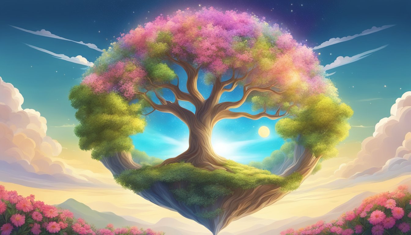 A serene landscape with a tree of life in the center, surrounded by vibrant flowers and a shining sun in the sky