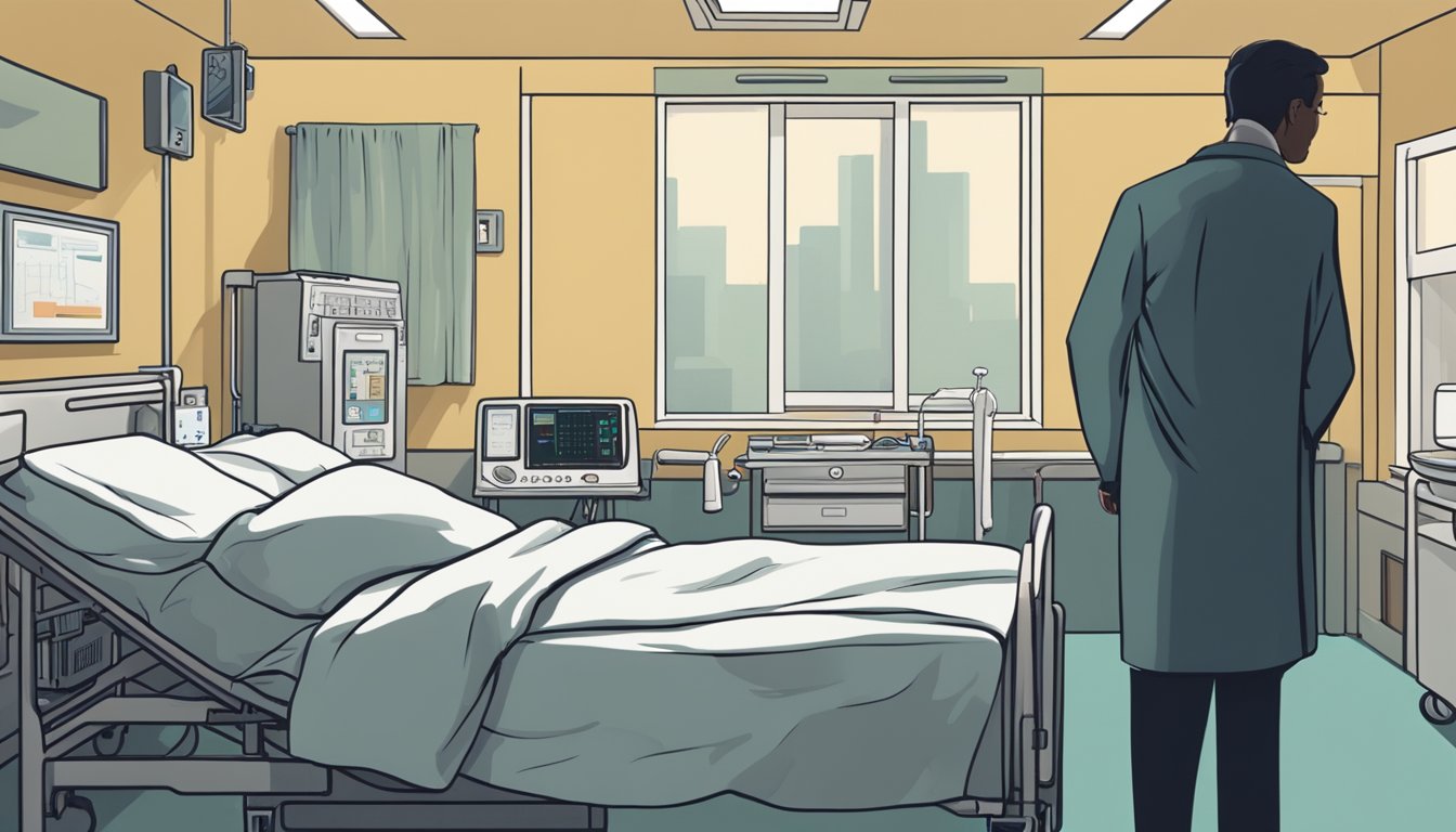 A shadowy figure looms over a hospital bed, where a heart monitor beeps steadily. A sense of uncertainty and vulnerability fills the room